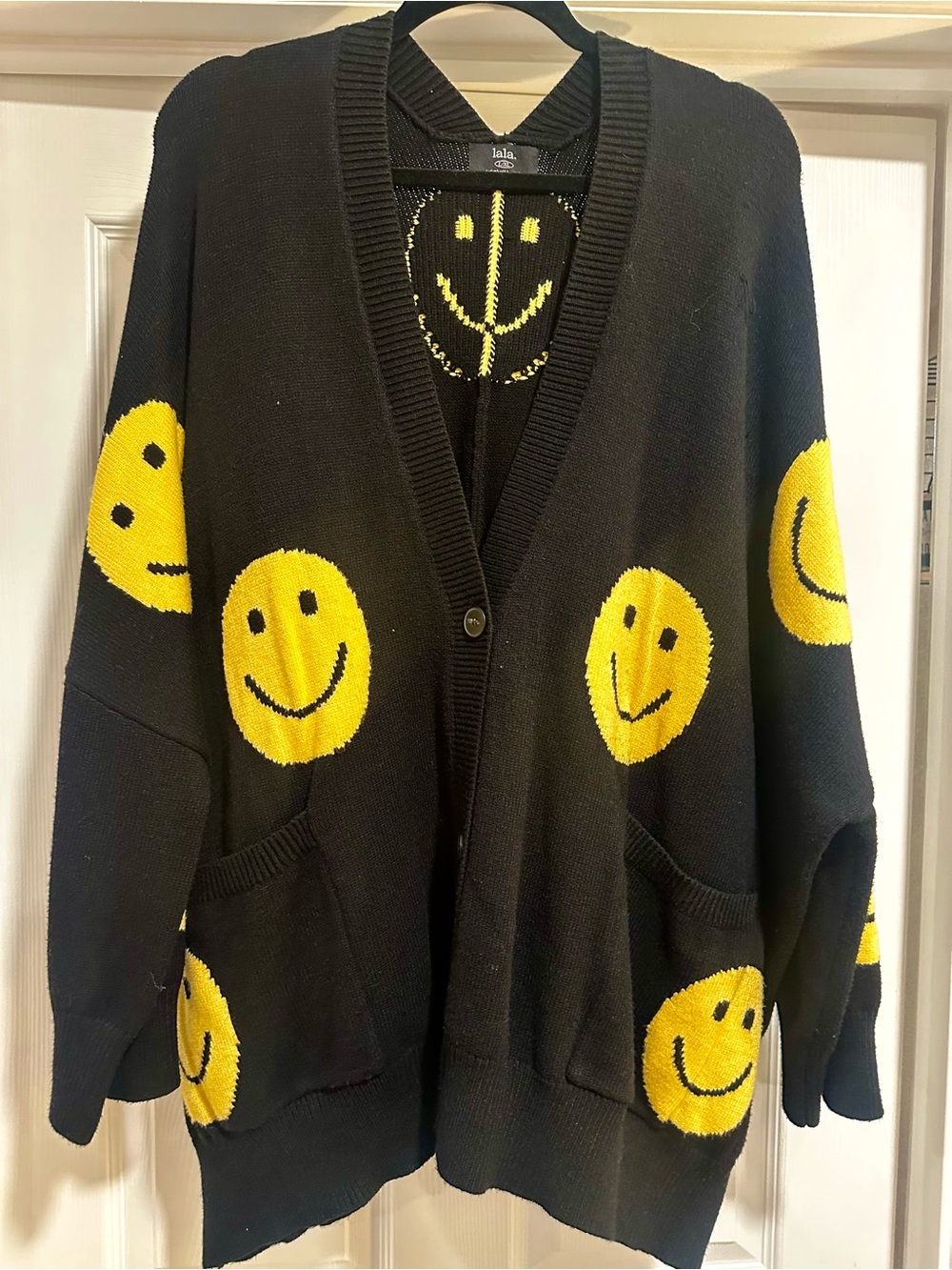 Dressed in LALA Black Cardigan Sweater with Yellow Smiley Faces